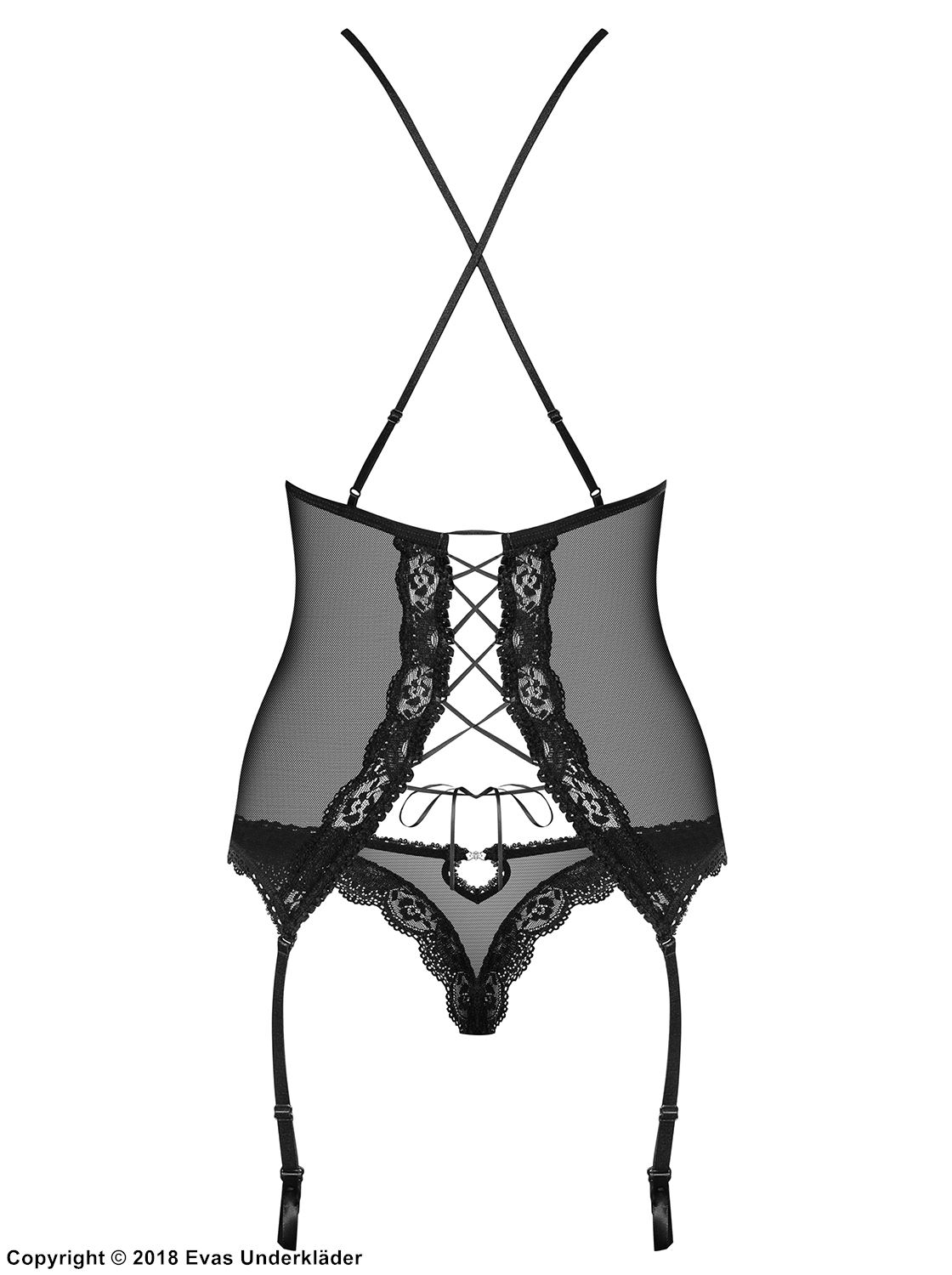 Soft bustier, sheer mesh and lace, lacing, crossing straps